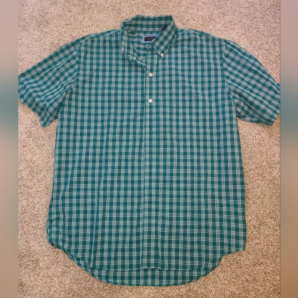 Mens Teal Short Sleeve Plaid Dress Shirt Size L